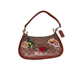 COACH Signature Canvas Teri Shoulder Bag Leather Sticker Print Dino Rexy CV939